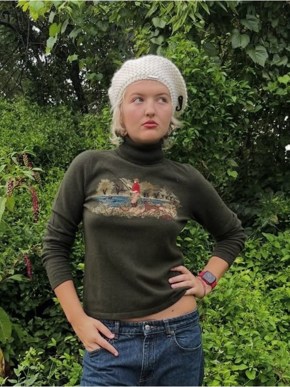 Vintage Ralph Lauren Olive Green Turtleneck Sweater with Scenic Chest Design